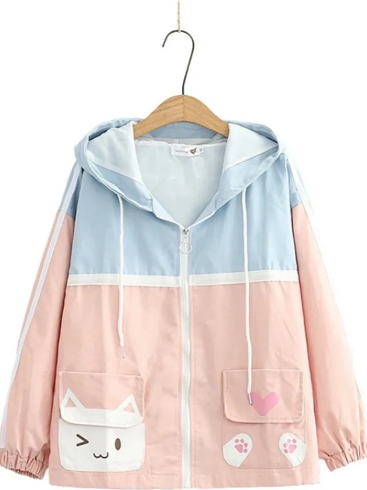 Women Zipper Hooded Jackets Coat Cartoon Print Pure Pocket Jacket Korean Style Ladies Basic Outwears Autumn Winter Clothes