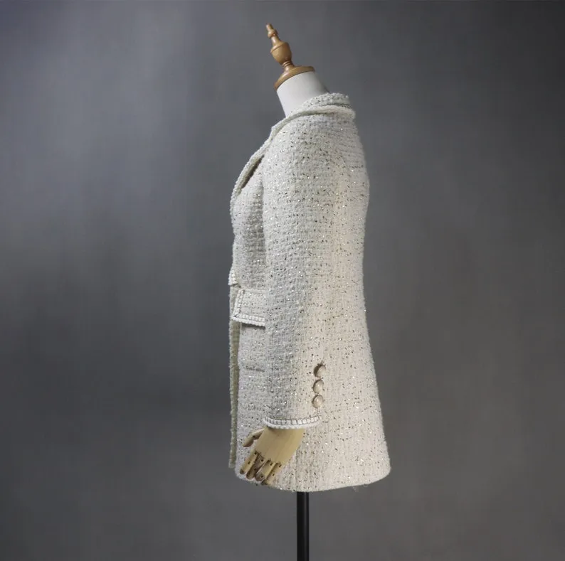 Women's CUSTOM MADE Chain Trim Golden Sparkle Tweed Coat Cream