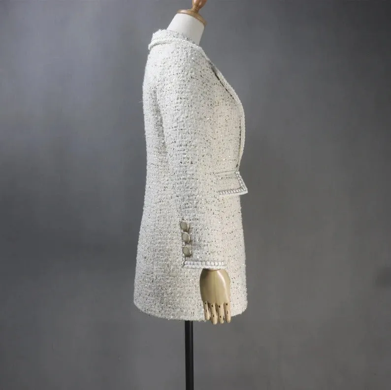 Women's CUSTOM MADE Chain Trim Golden Sparkle Tweed Coat Cream