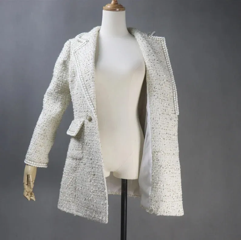 Women's CUSTOM MADE Chain Trim Golden Sparkle Tweed Coat Cream