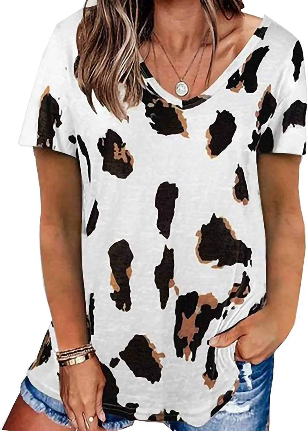 Women's Leopard Print Tops Short Sleeve V Neck T Shirts Loose Casual Summer Blouses