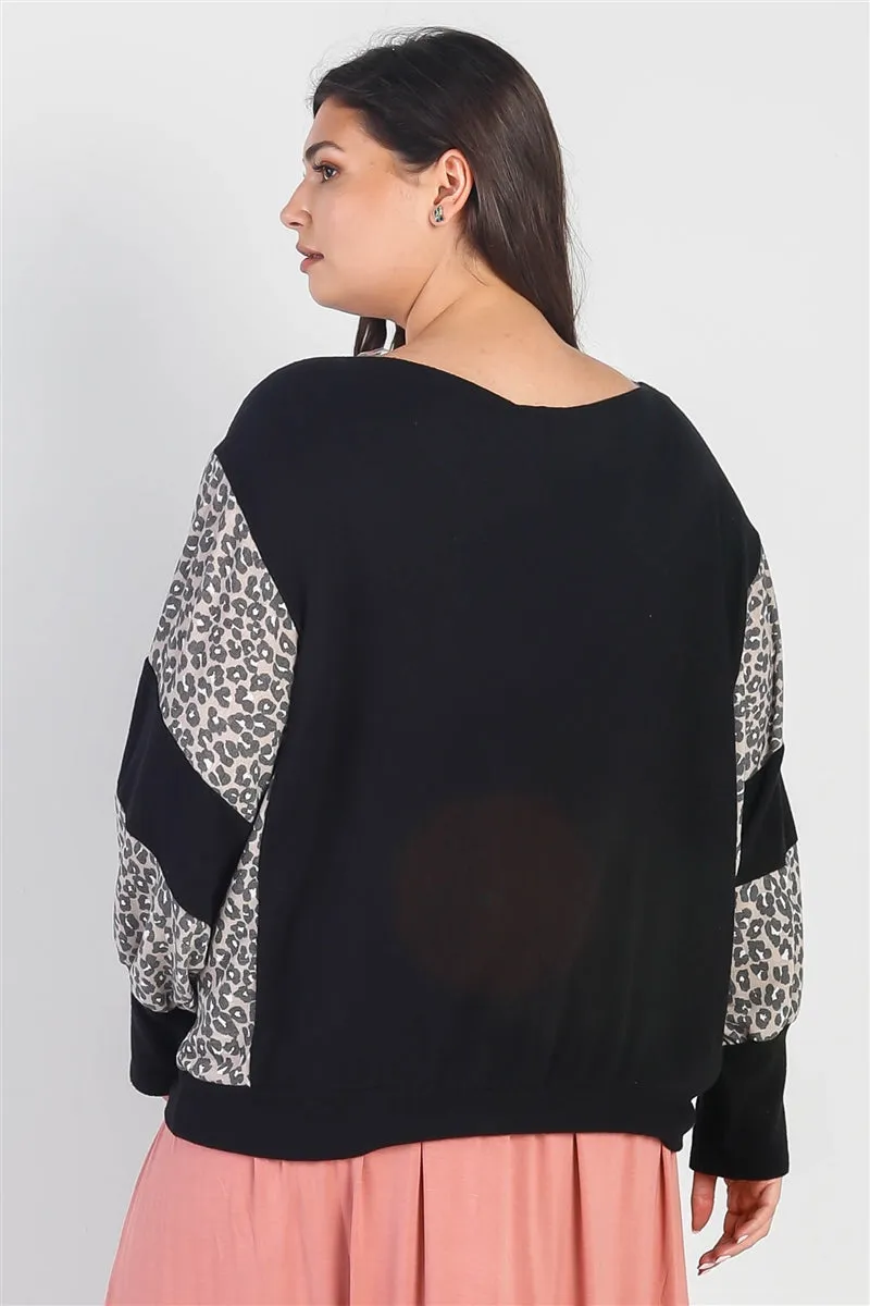 Women's Plus Black Flannel Leopard Print Colorblock Dolman Sleeve Top