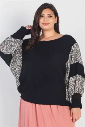 Women's Plus Black Flannel Leopard Print Colorblock Dolman Sleeve Top